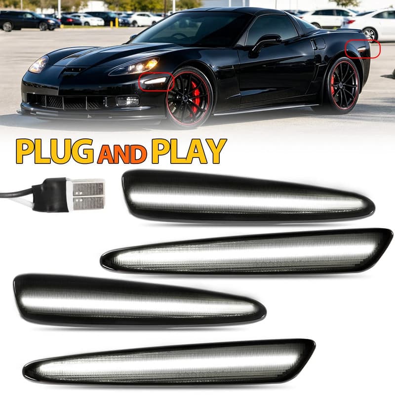 Smoked Lens LED Front & Rear Side Marker Lights For Chevy Corvette C6 2005-2013