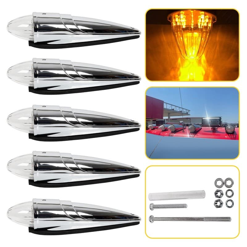5x 17LED Chrome Torpedo Clear/Amber Cab Marker Roof Light For Peterbilt Kenworth