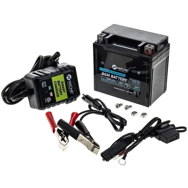 NICHE AGM Battery and Charger YTX5L Polaris Sportsman 90 Honda TRX90 Arctic Cat