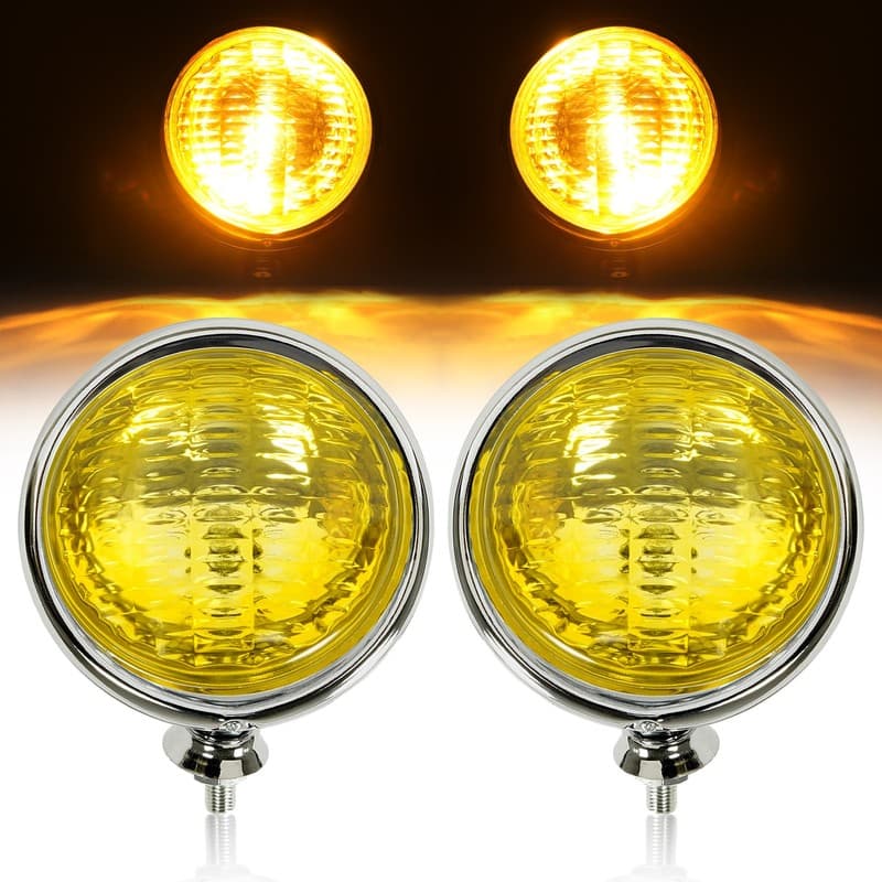 2PC Vintage Classic 5" Fog Light Halogen Bulb 55W 12V Yellow Lens Chrome